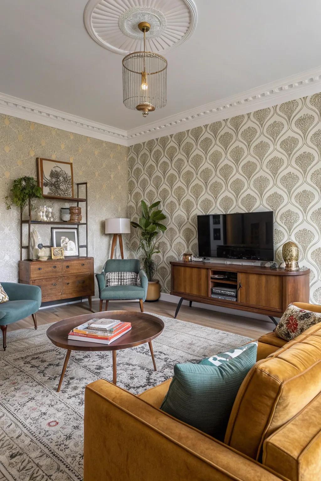 Retro comeback wallcovering brings nostalgic charm to a modern living room.