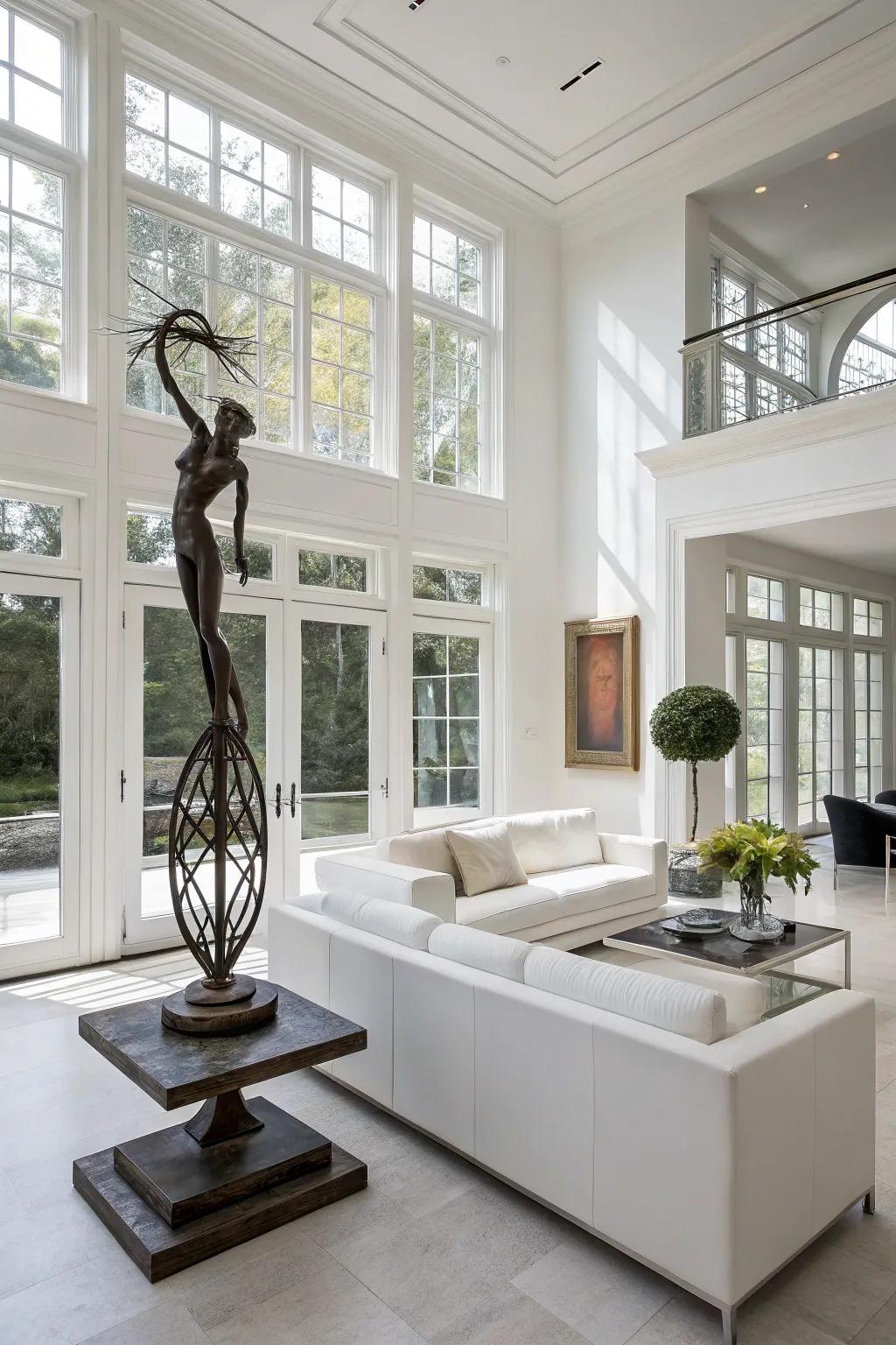 An artistic sculpture infuses character into a contemporary white lounge.