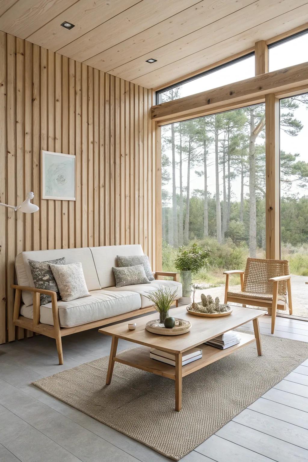 Embody Scandinavian minimalism with a light wood slat wall.