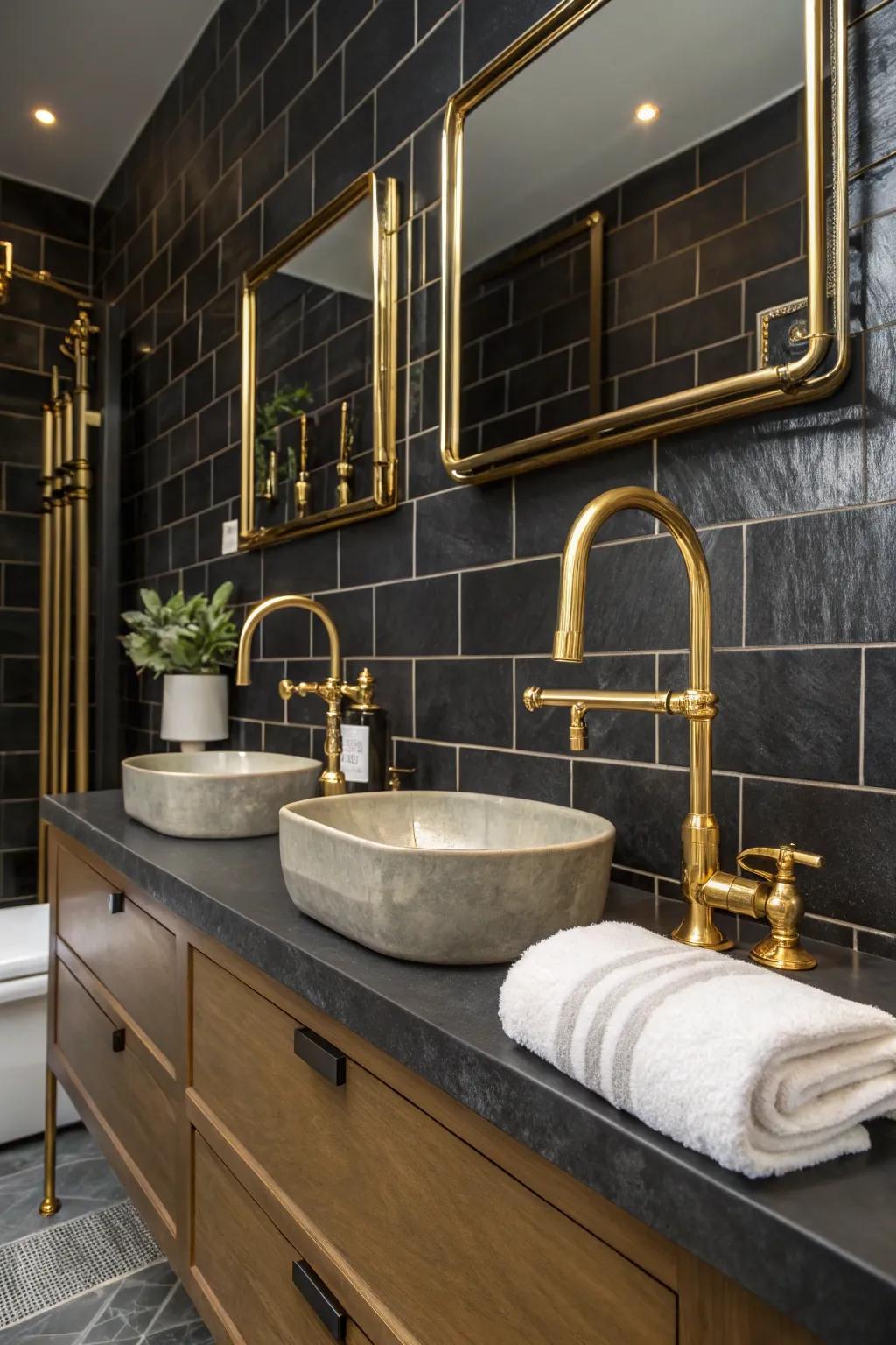 Shiny embellishments bring warmth and glamour to captivating bathrooms.