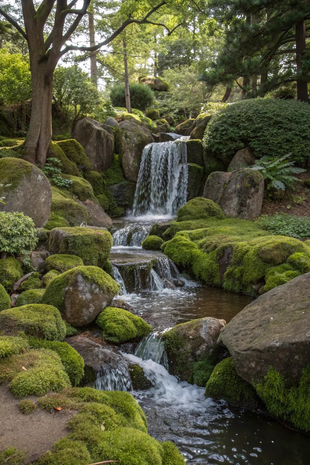 A serene garden water feature flowing over vibrant algae stones.