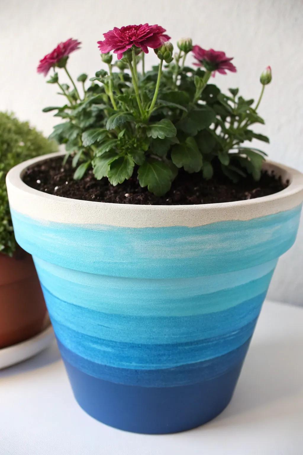 A flower pot showcasing a striking stratified pigment effect.