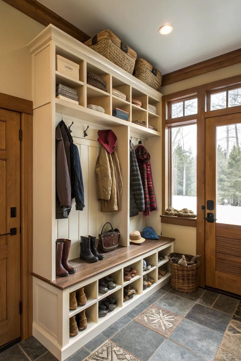 Entryway with open shelving for effortless access and structured display of items.
