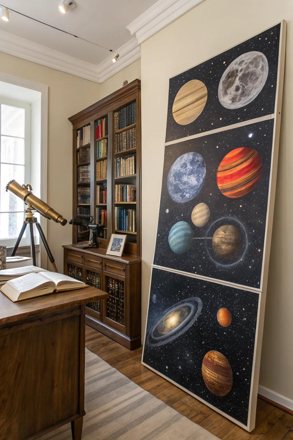 A cosmic theme with stars and planets, stimulating wonder across the study's walls.
