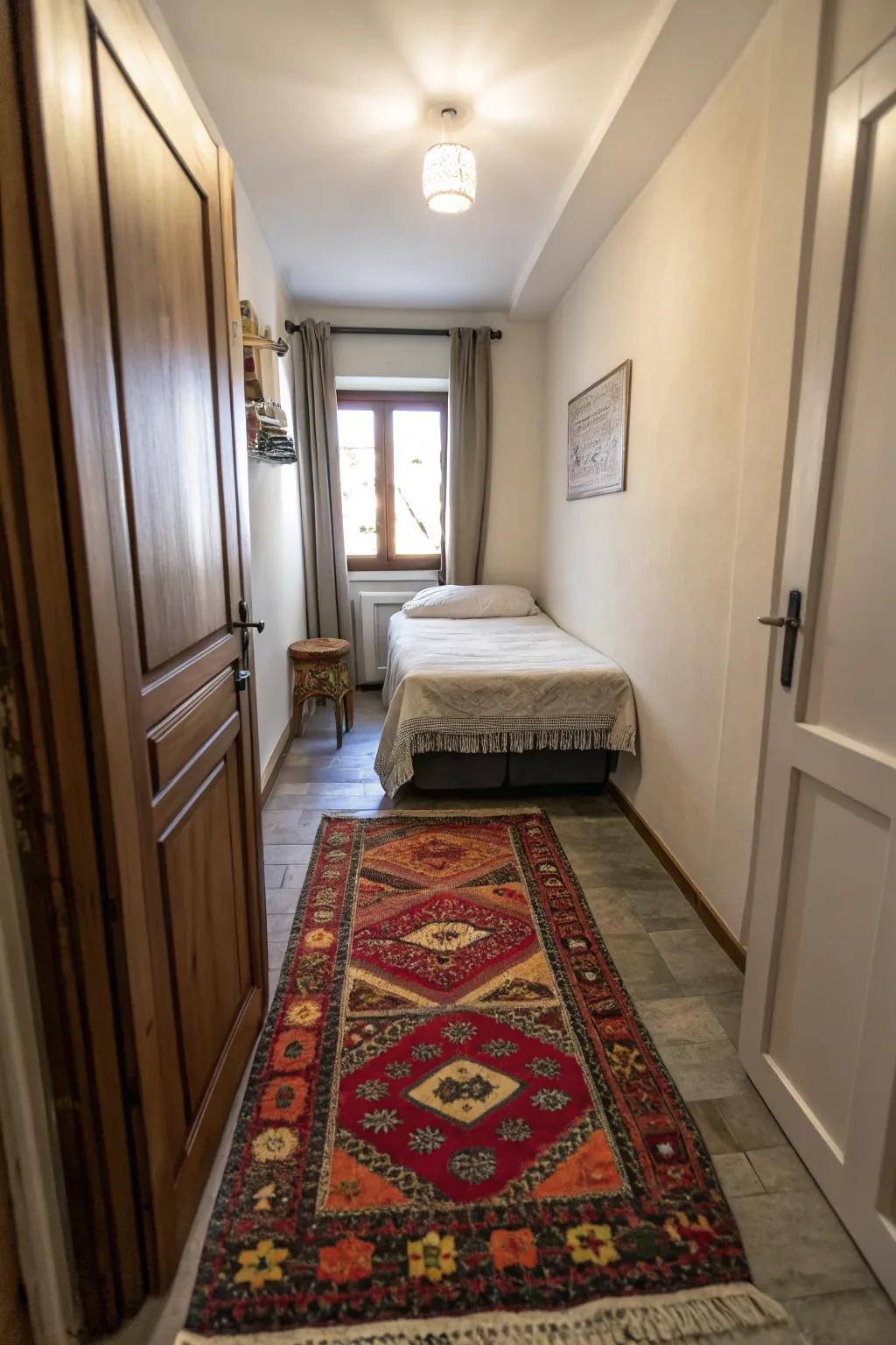 A bold rug anchors and lends character to a constricted bedroom.