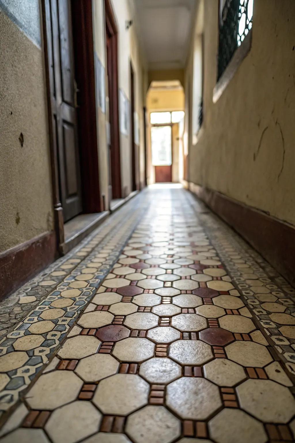 Six-sided tiles contribute a distinctive geometric touch to slender hallways.
