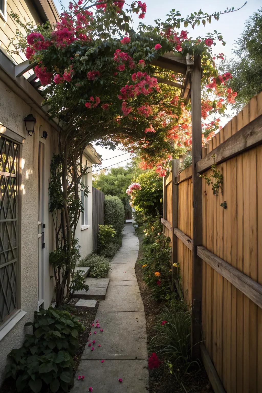 A support structure adds support and beauty in a narrow garden.