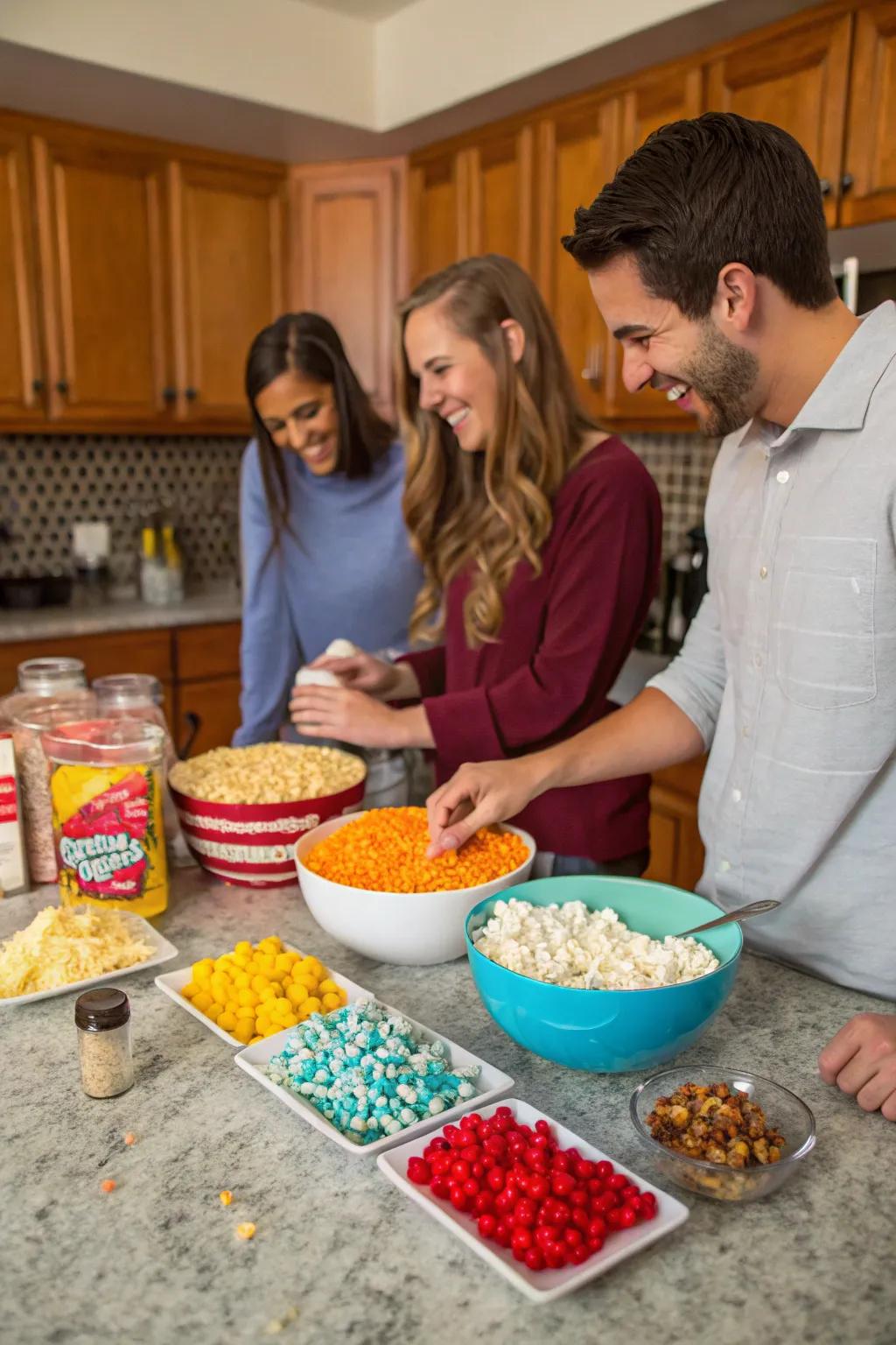 Companions relishing a flavorful popcorn showdown challenge.
