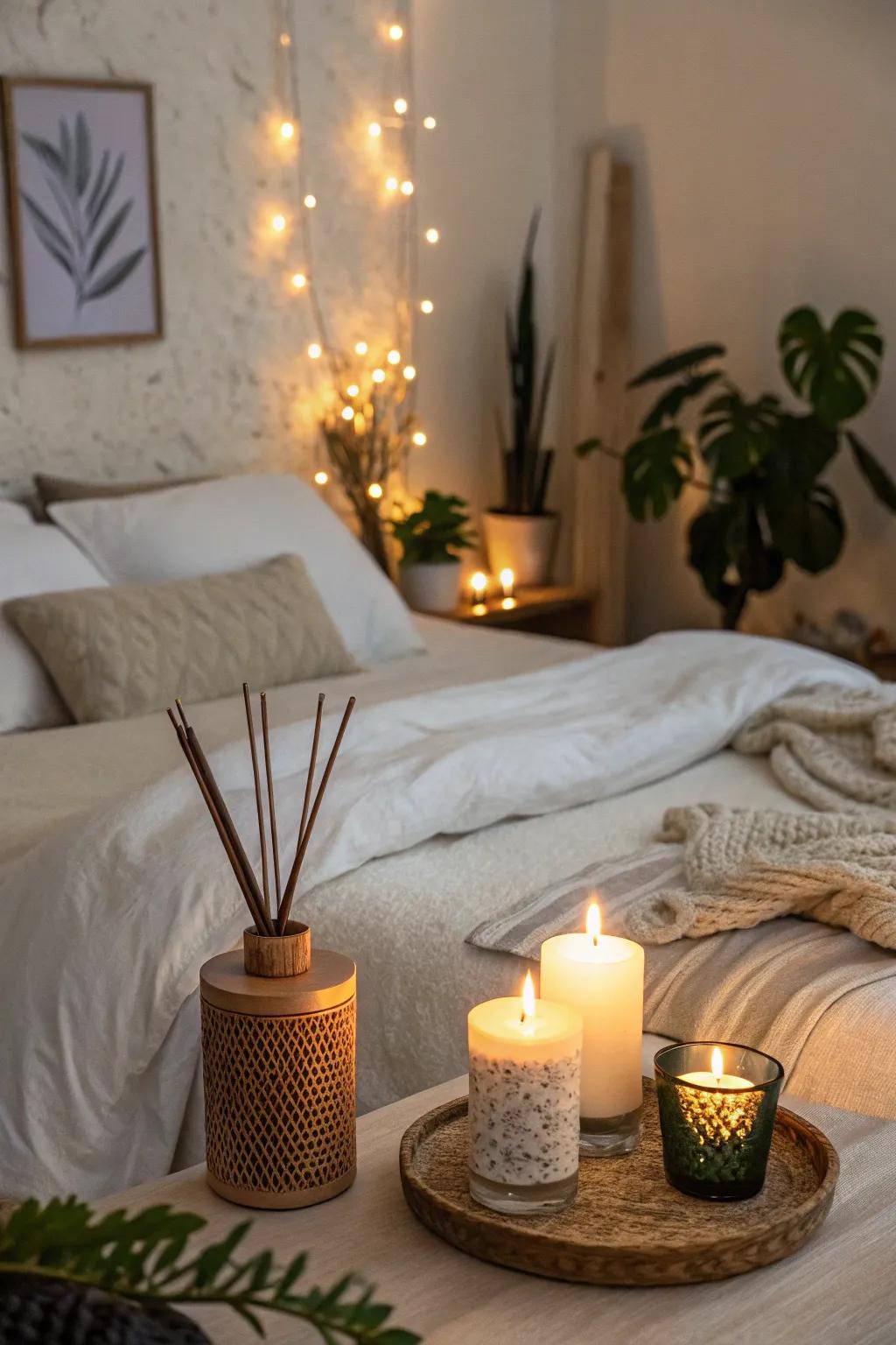 Scented candles and diffusers evoke a natural retreat.