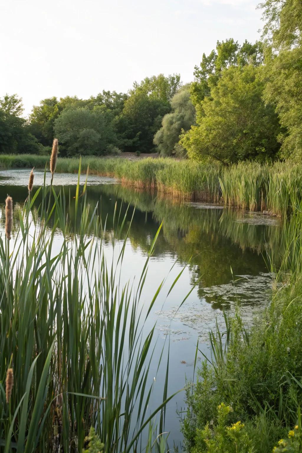 Lofty vegetation furnishing upright curiosity and a native backdrop for a water garden.