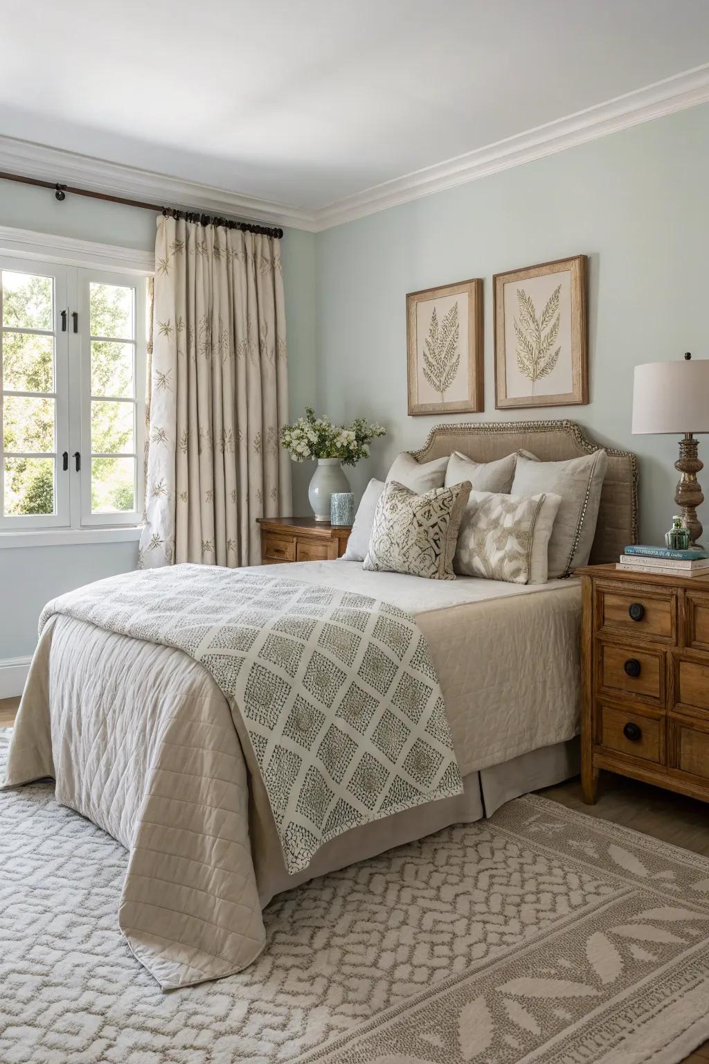 Understated patterns add engaging intrigue to a neutral bedroom.