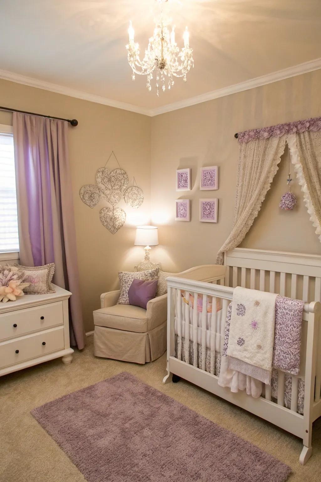 A nursery detailed with graceful lilac suggestions.