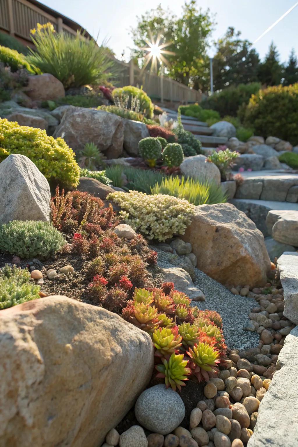 A spectacular rock display featuring numerous rocks and hardy plants.