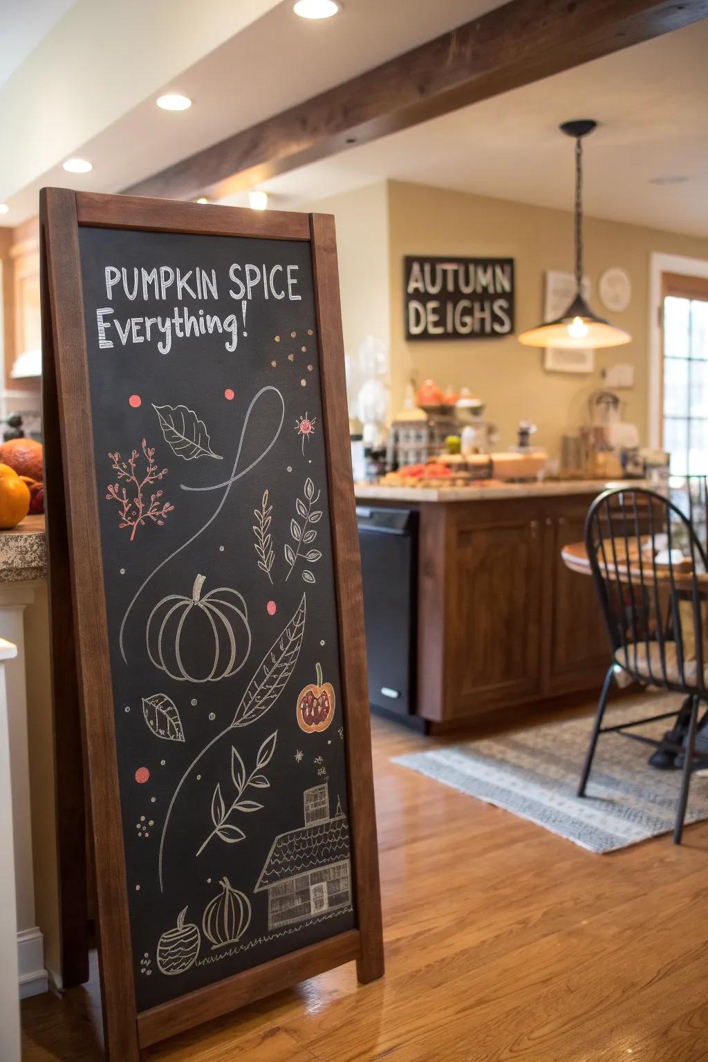 A playful pumpkin zing-themed chalkboard that commemorates fall essences.
