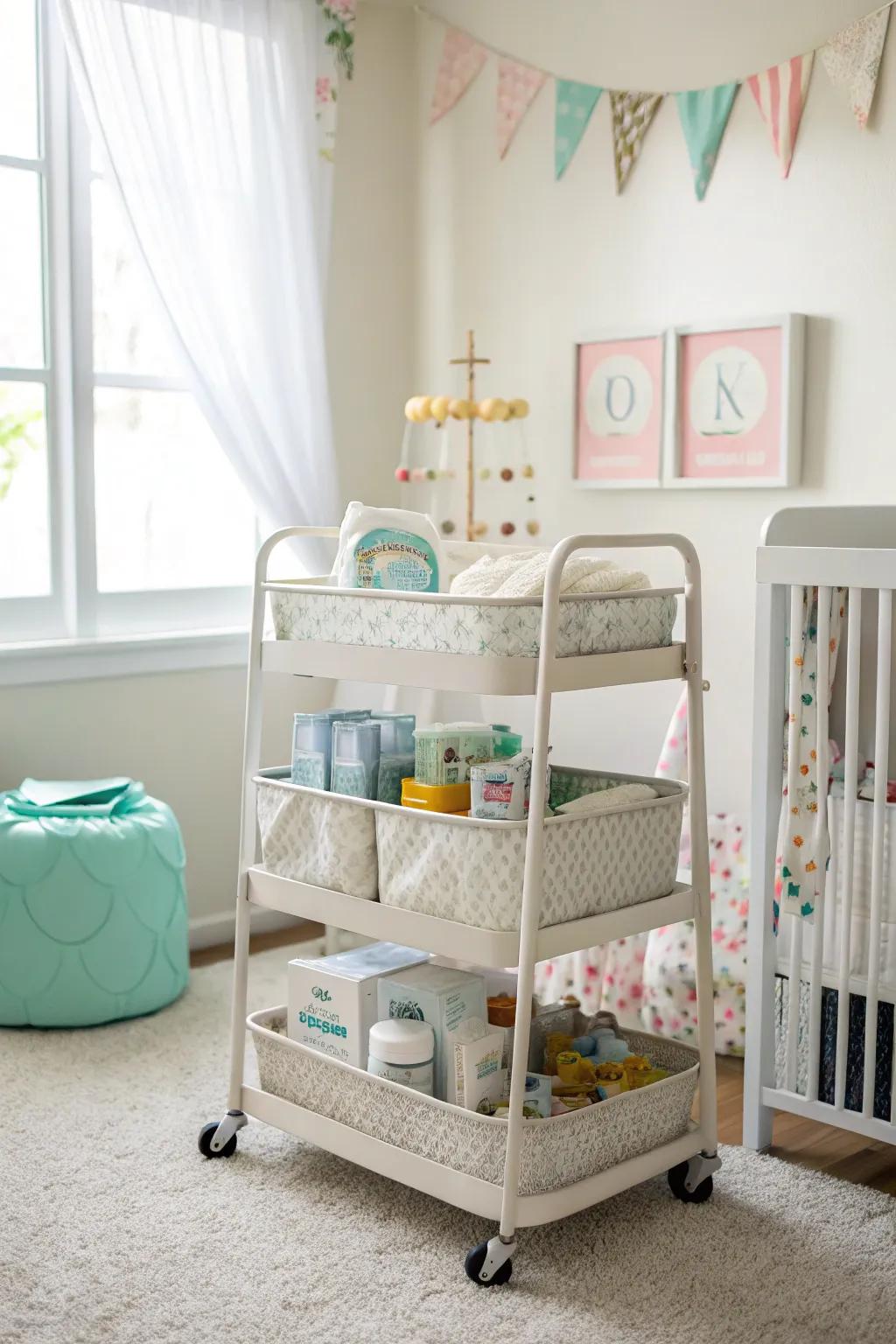 A mobile trolley for adaptable nursery storage.