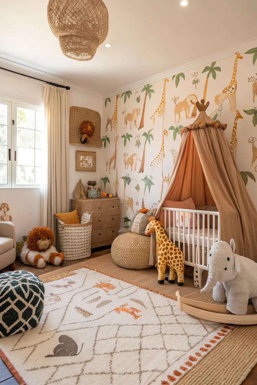 An elegant expedition-themed nursery featuring playful animal components.
