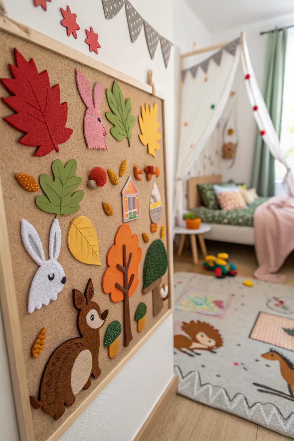 A child's bedroom display board with a magical forest theme.