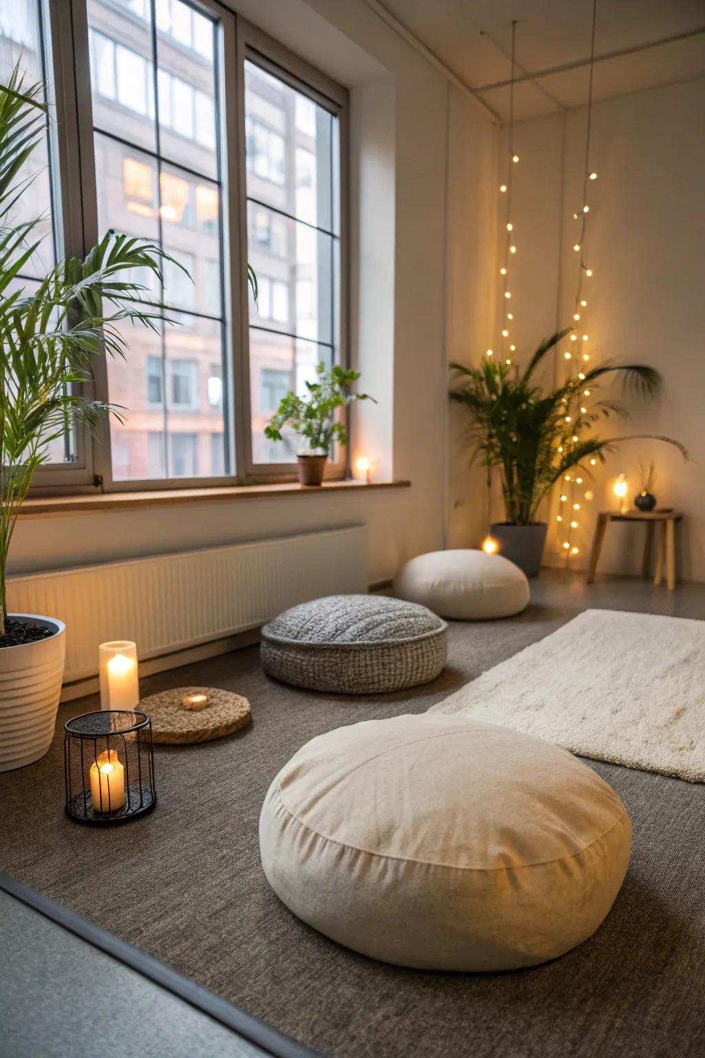 A meditation corner provides a sanctuary for mindfulness.