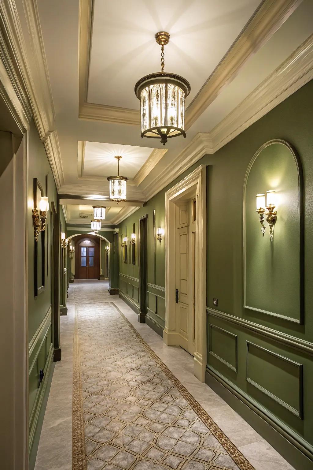 A stylish hallway is amplified by leafy green walls.