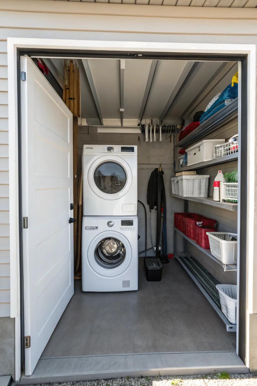 A compact laundry area adds functionality to a single-car garage.