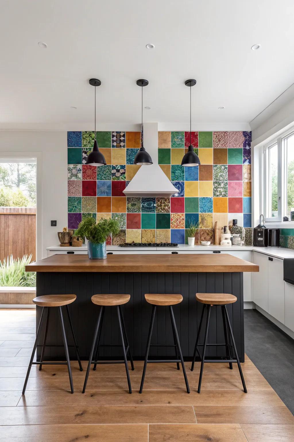 A striking backsplash contributes character and flair to the kitchen.