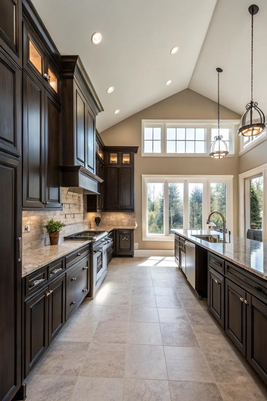 Dark features provide a striking contrast, enhancing the kitchen's depth.