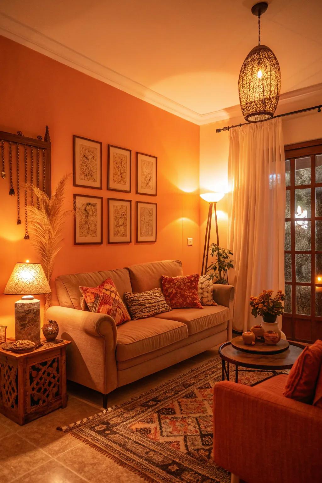 A warm living room with lighting that brings out the vibrancy of orange hues.