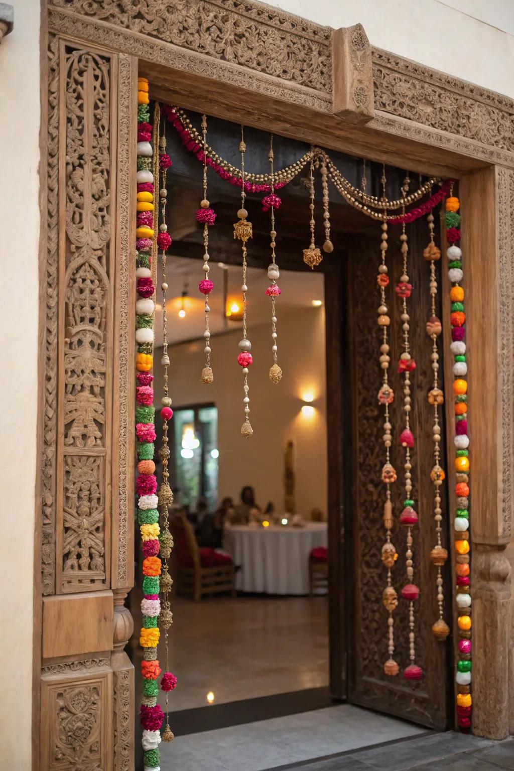 A celebratory trinket curtain dangling in a doorway.