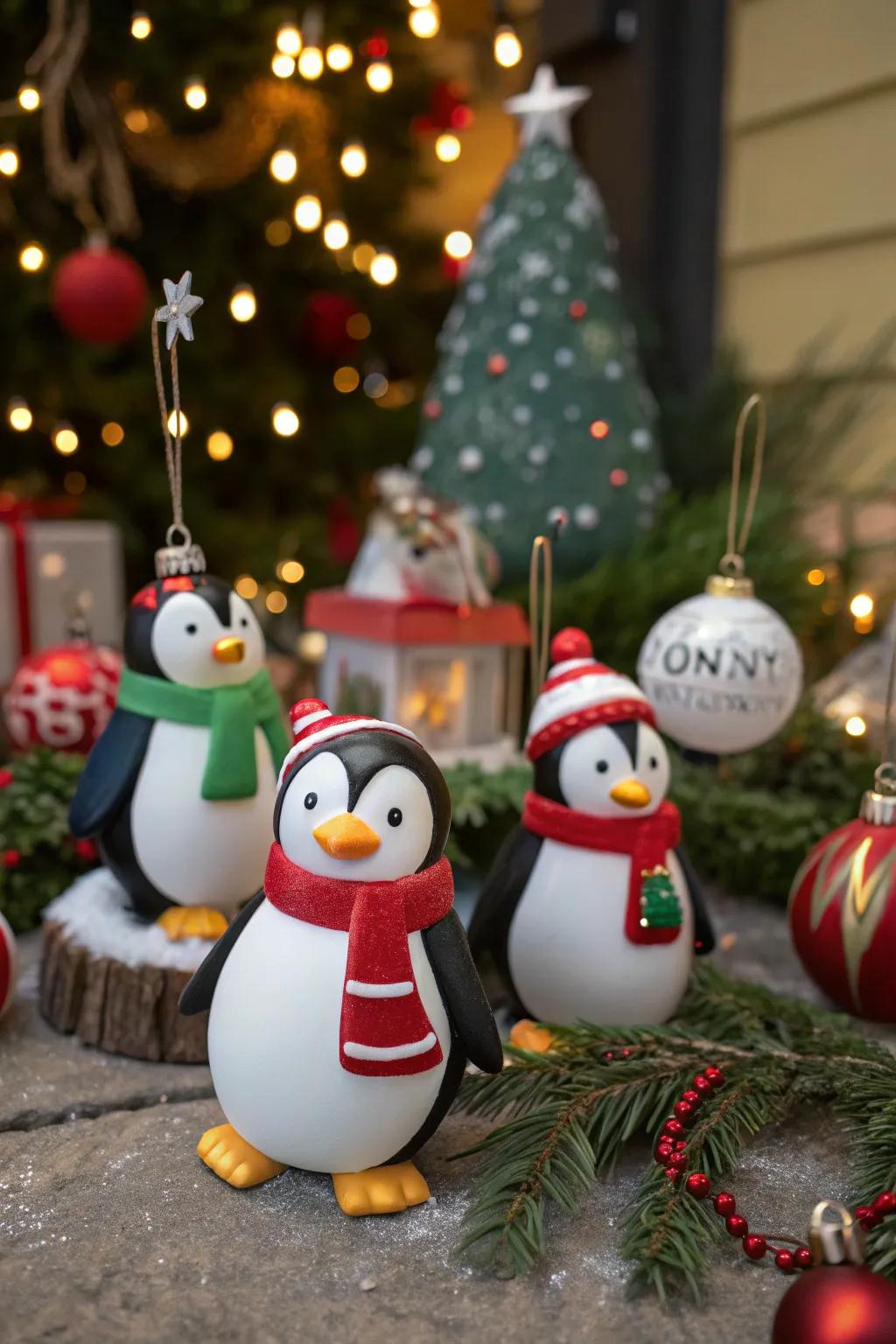 Playful penguin baubles contribute charm and joy to any Noel tree.