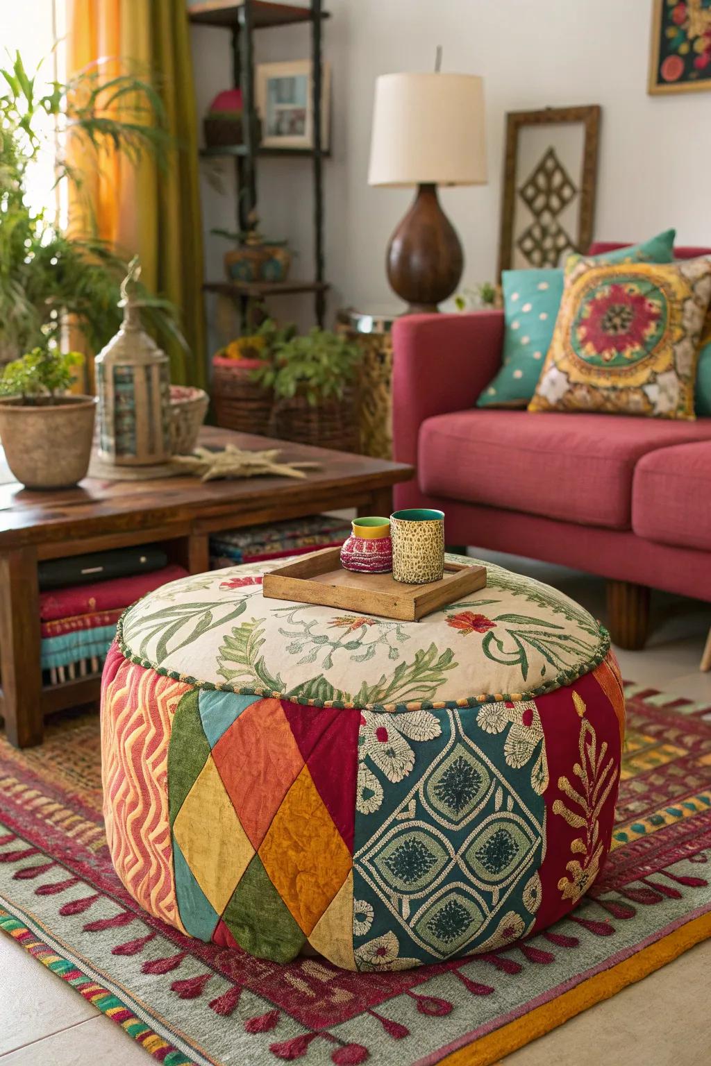 A mix of styles with an ottoman as the focal point.