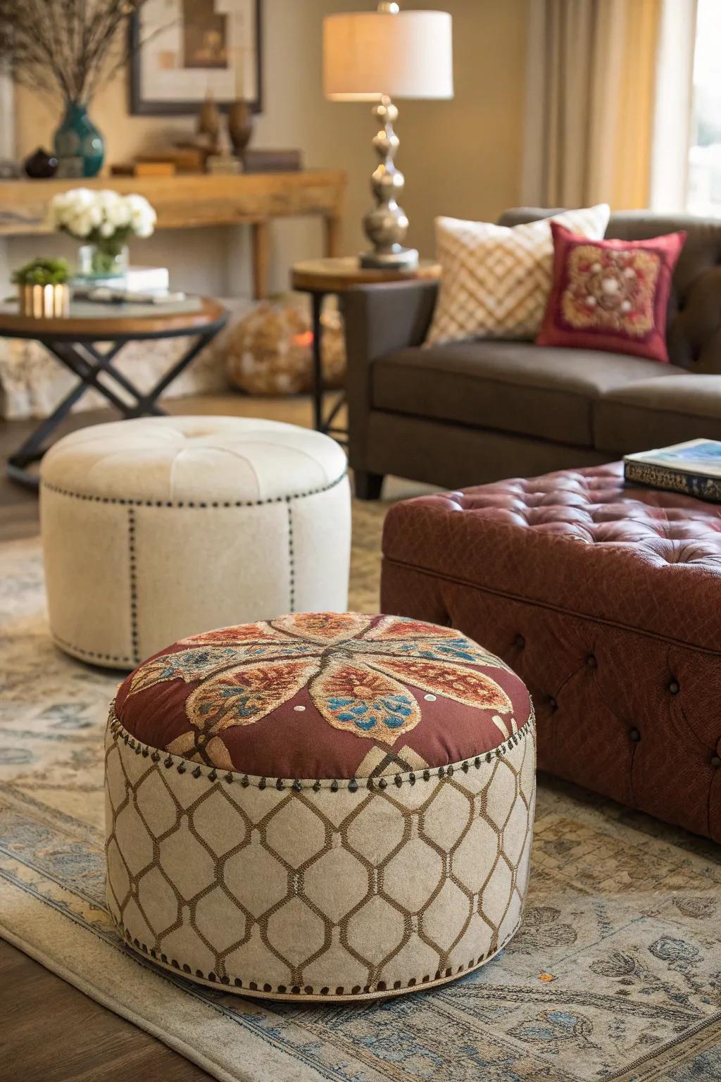 A varied mix of ottoman styles creates a dynamic living room.