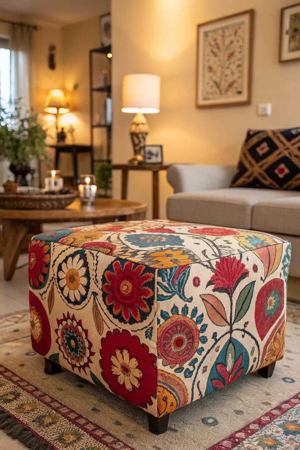 A vibrant footrest with a mix of patterns adds.