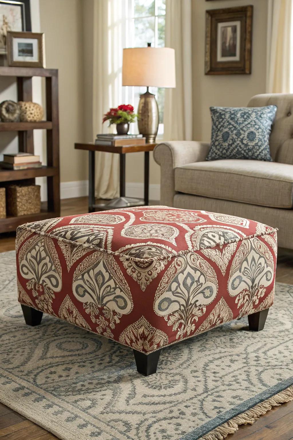 Patterned ottoman infusing visual intrigue