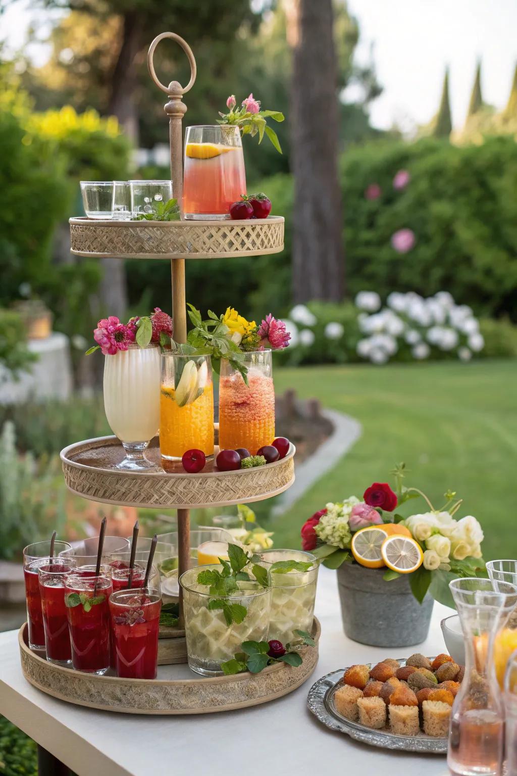 A staggered presentation stand elegantly arranges beverages and toppings.