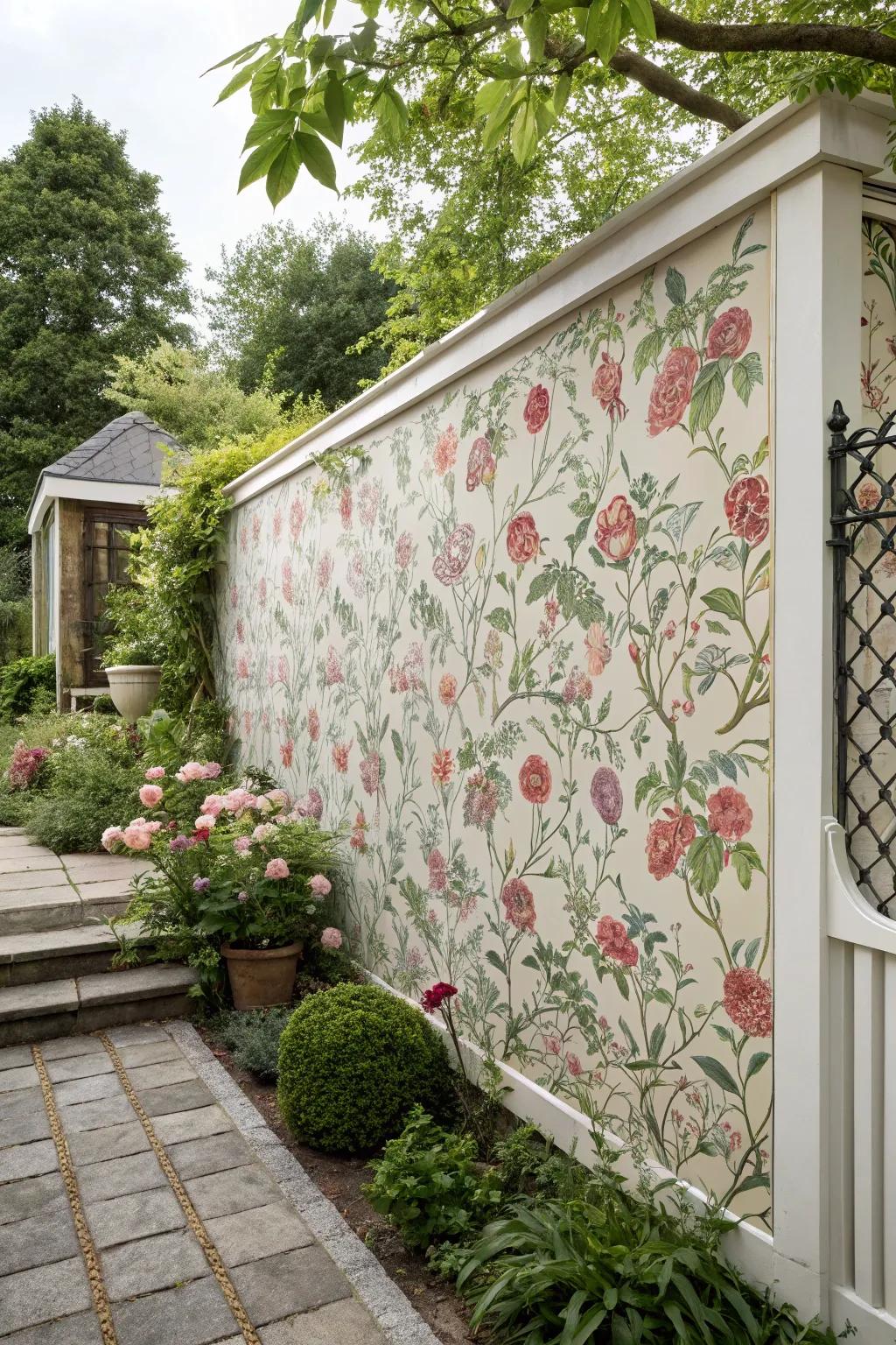 Patterned wallpaper adds vibrant personality to garden walls.