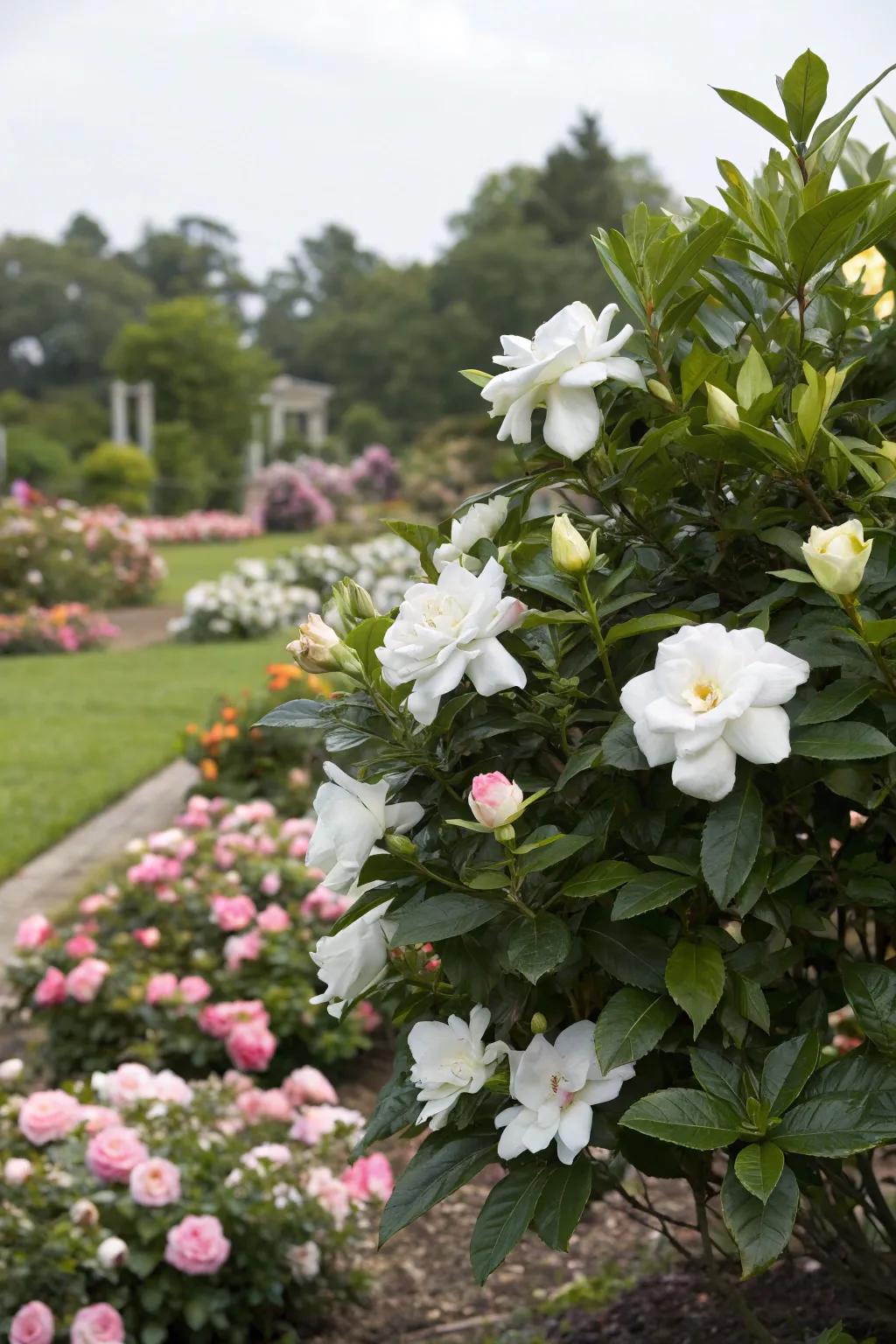 A fragrant gardenia bush surrounded by complementary blooms.
