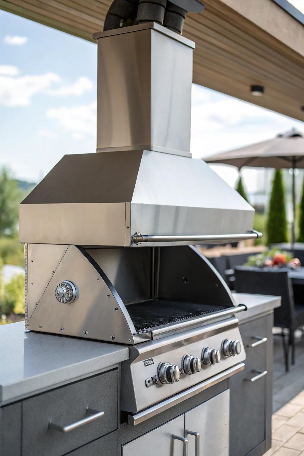 Industrial hoods add a contemporary edge to outdoor cooking.