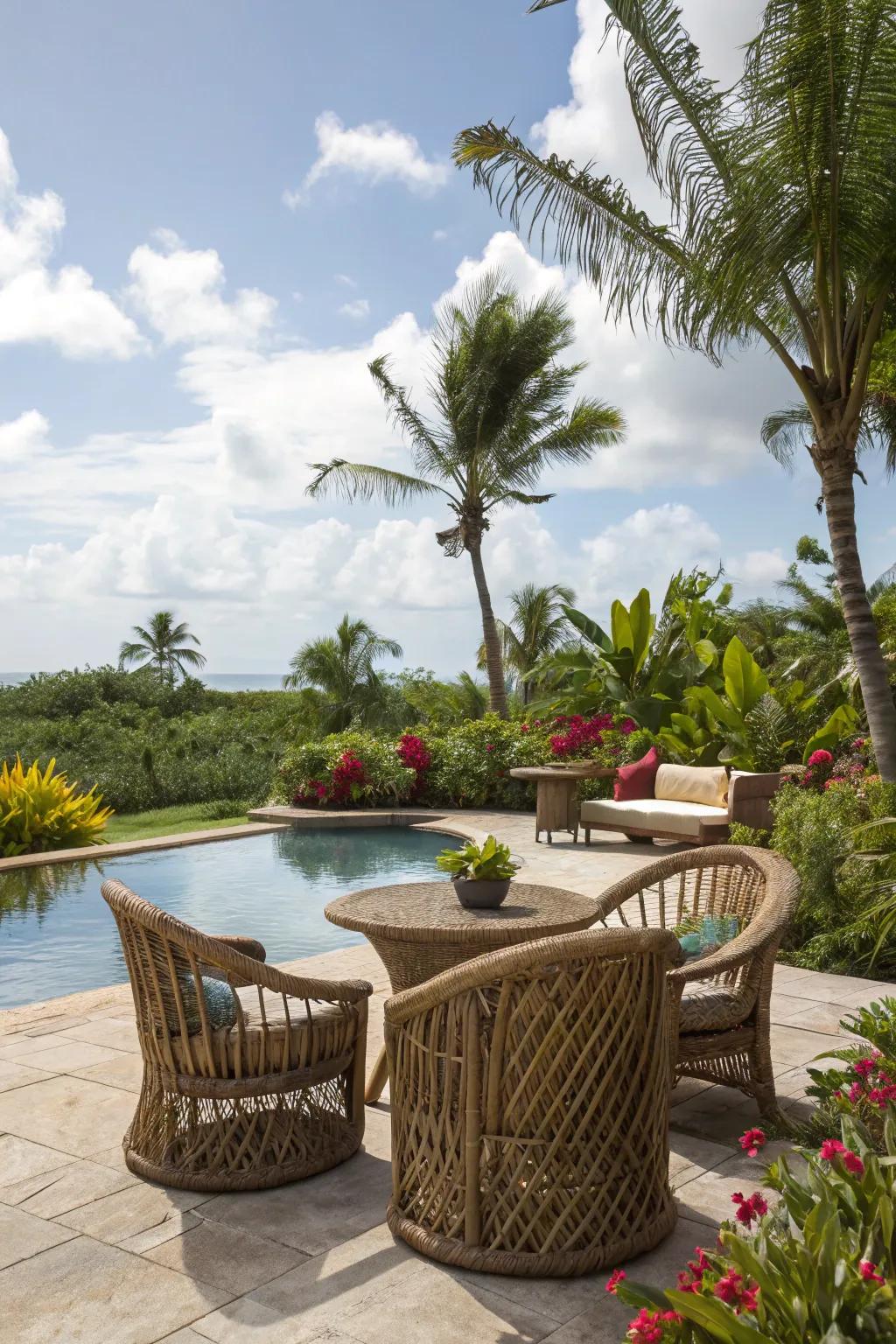 Woven furniture brings a tranquil, tropical atmosphere to your poolside.