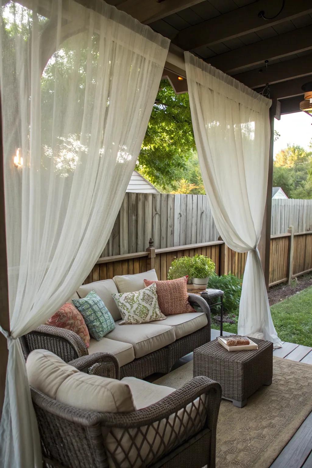 Exterior draperies furnish seclusion and elegance to this charming porch.