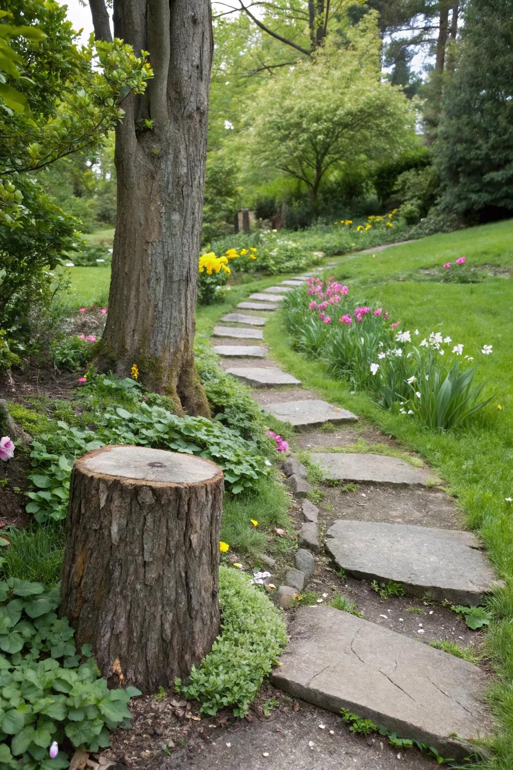 A foot stone route with a stump element appends whimsy and function.