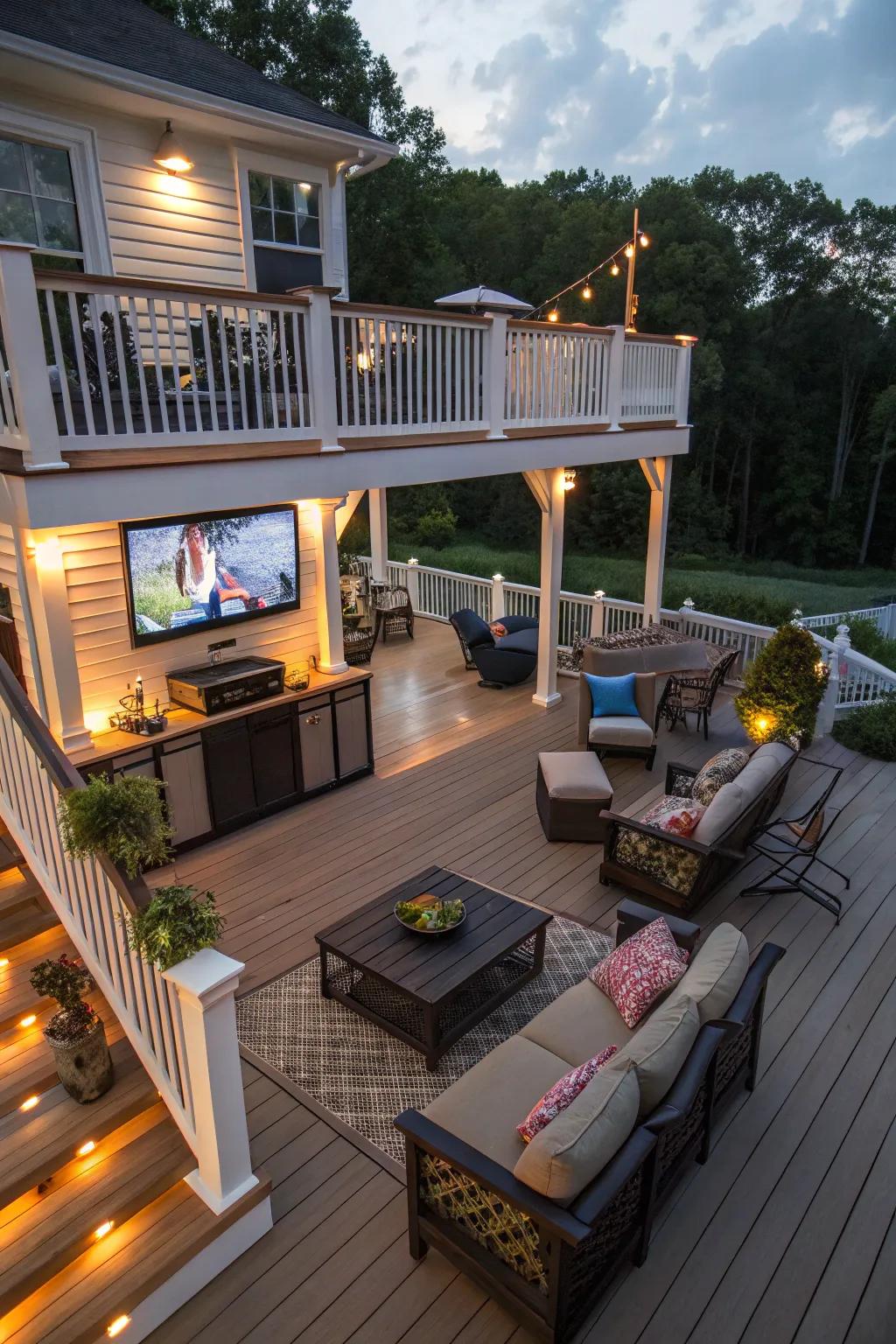 Multi-tiered decks fashion distinct zones and elevate your outdoor television area.