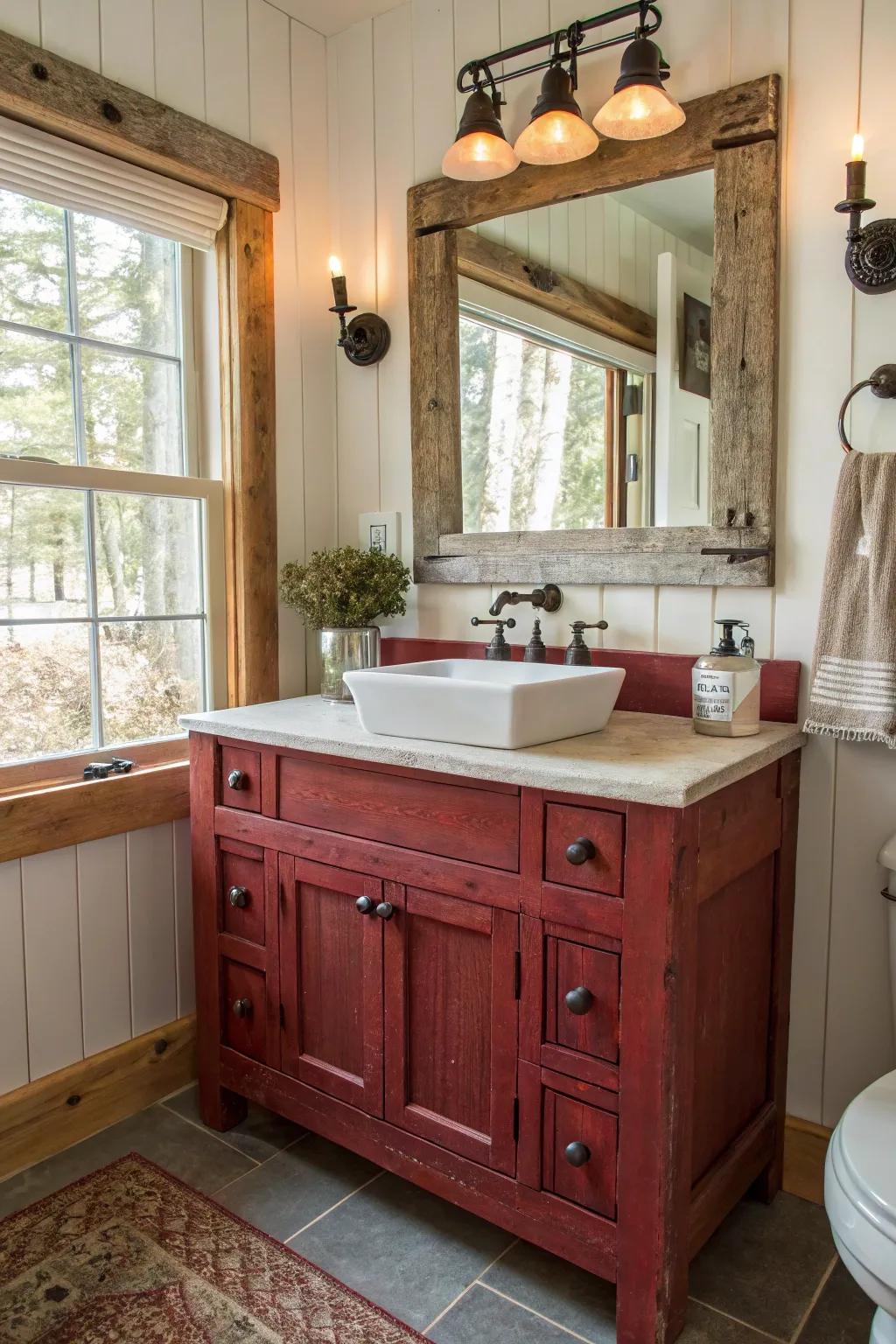 Countryside shed carmine vanities offer rustic farmhouse appeal.