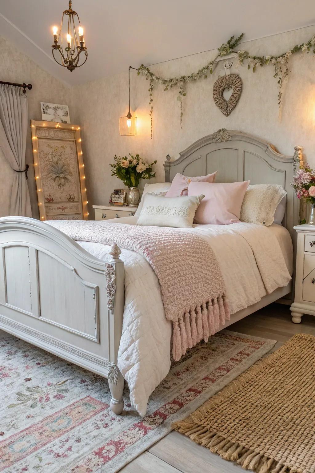 A French linen bed frame fashions a romantic and cozy atmosphere.