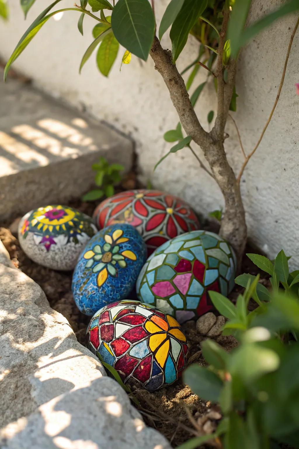 Light up your garden using the enchanted radiance from mosaic-designed stones, where artwork comes together with nature.