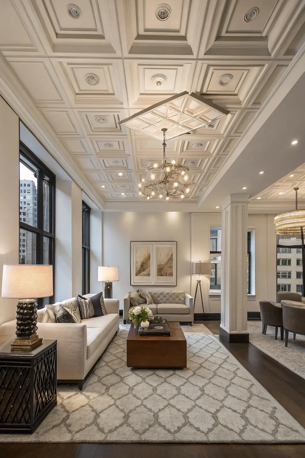 Coffered ceilings inject structural elegance.