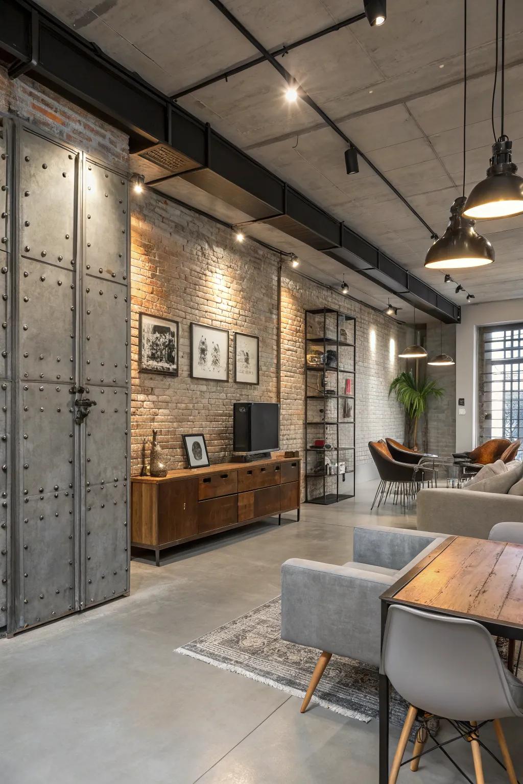 Room showcasing industrial chic concrete panel designs.