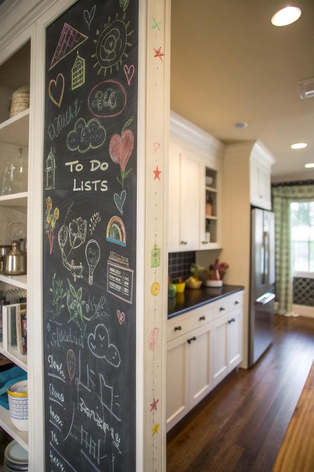 A pantry wall covered with a message board surface for notes and creativity.