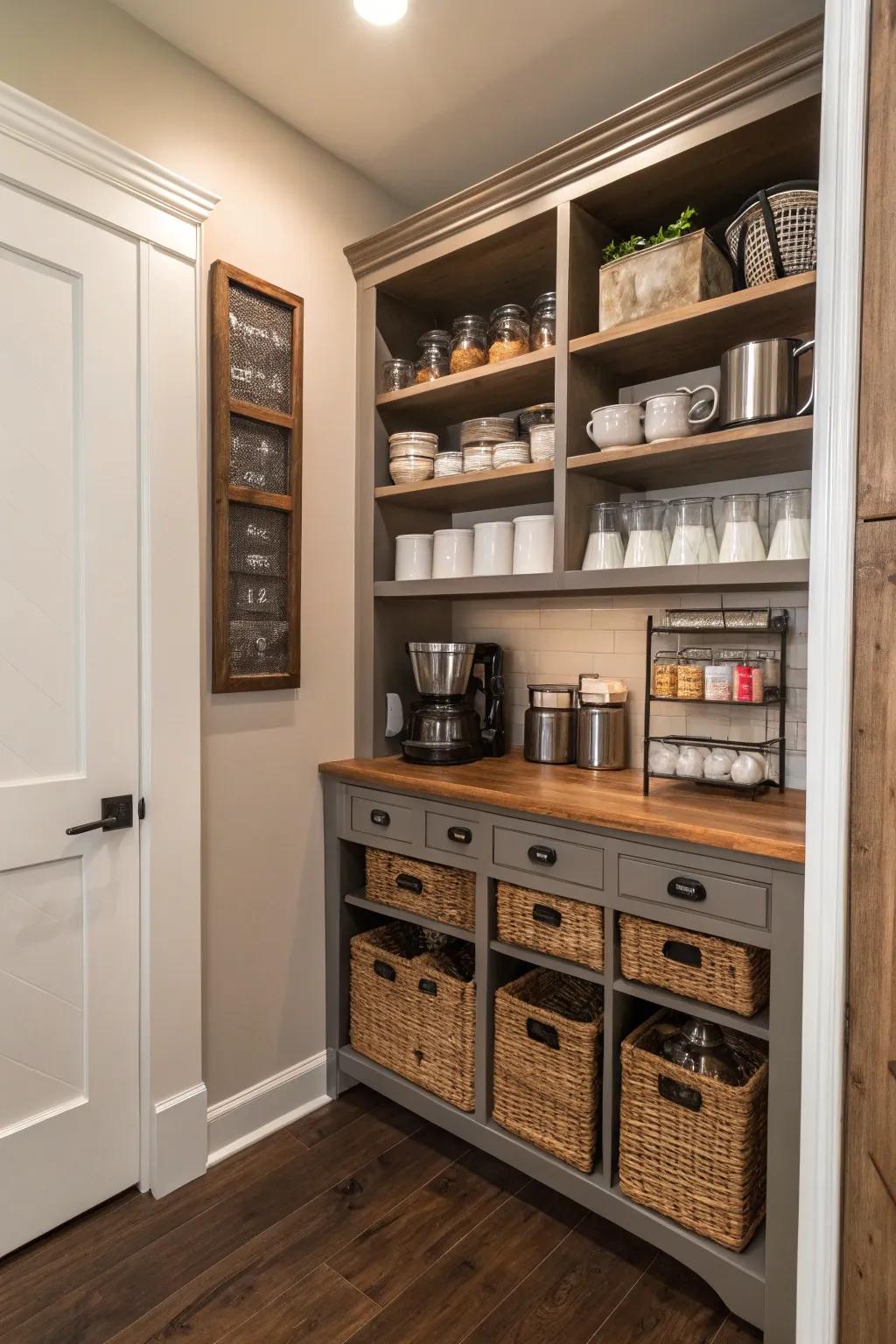 A closet converted into a stylish coffee bar is both surprisingly functional and sleek.