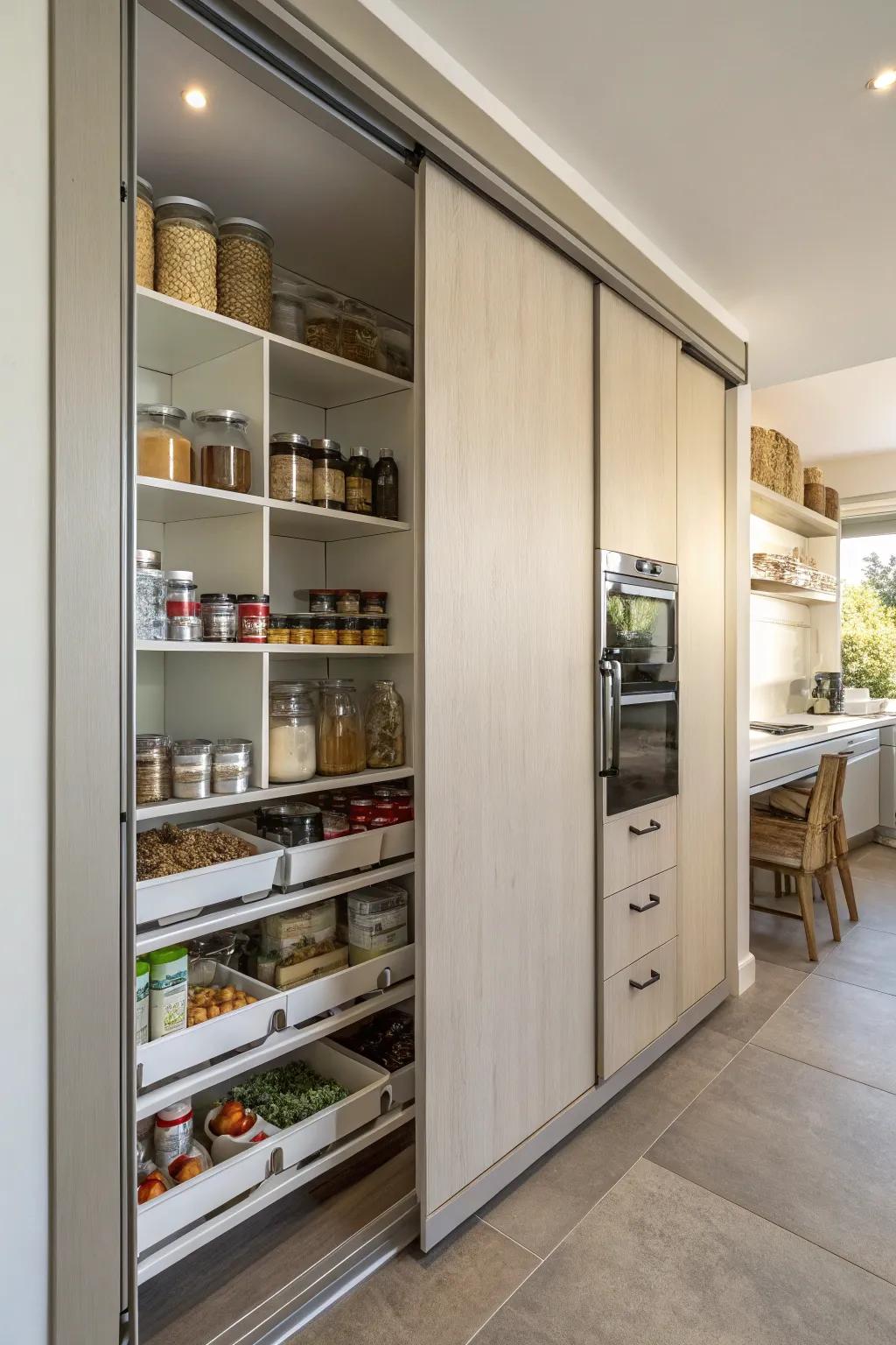 A sliding entrance on a pantry provides area-saving access and an elegant aesthetic.