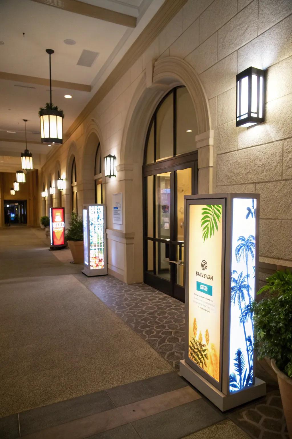 Artistic signage with lightboxes appends an artful touch to your party entryway.